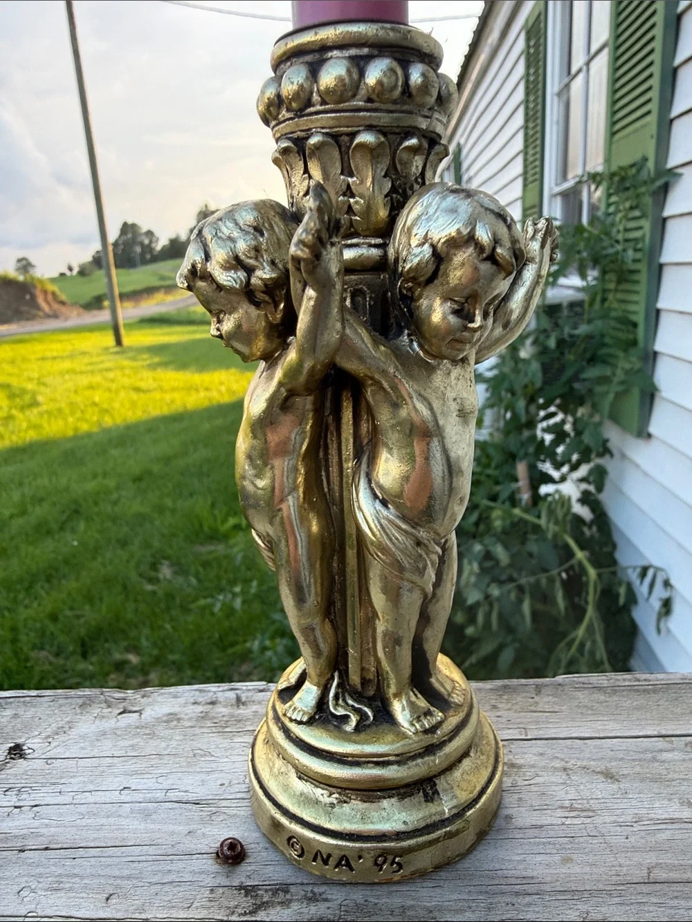 Gold Cherub Candle Holder - Decorative Home Accent brass 1995 era